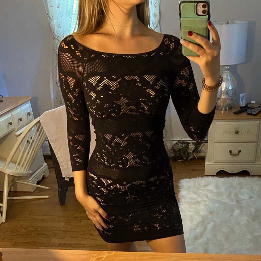 Bebe Black and Nude Lace Bodycon Dress